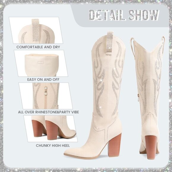 Celbreez Pink  Suede Knee High Western Fusion Boots Women Embroidered Rhinestone - Picture 5 of 6